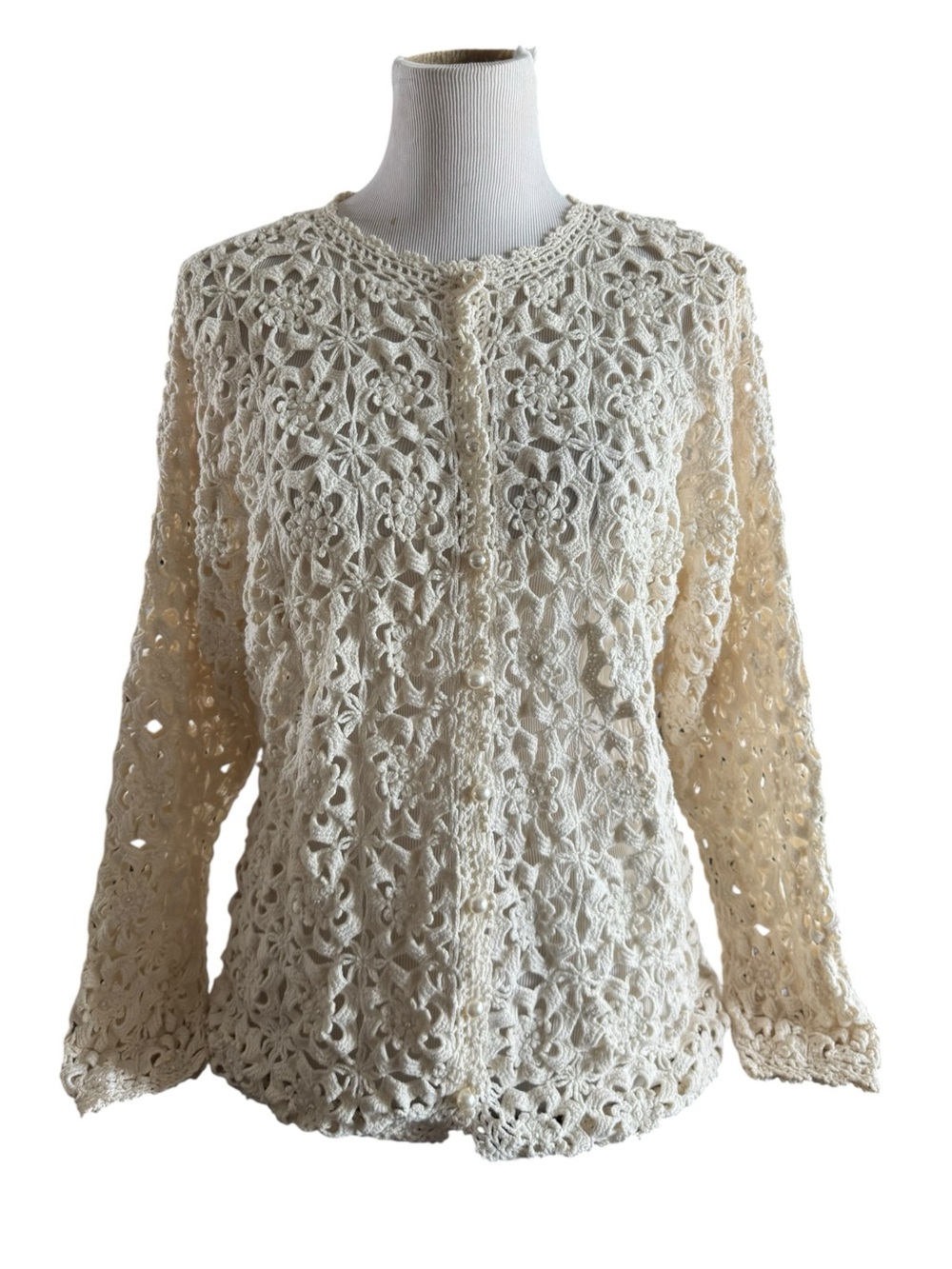 Vintage Kathryn Deene Cream Crochet Lace Button-Front Cardigan Size 14/16